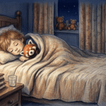 enfant qui s'endort avec peluche panda roux, rituel du coucher, sommeil paisible