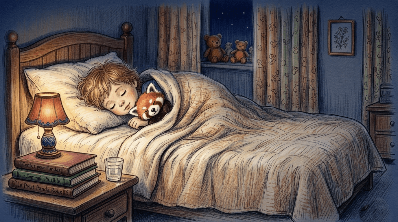 enfant qui s'endort avec peluche panda roux, rituel du coucher, sommeil paisible
