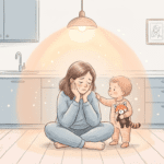 Parent assis par terre après avoir crié sur son enfant, moment de culpabilité et de réparation émotionnelle