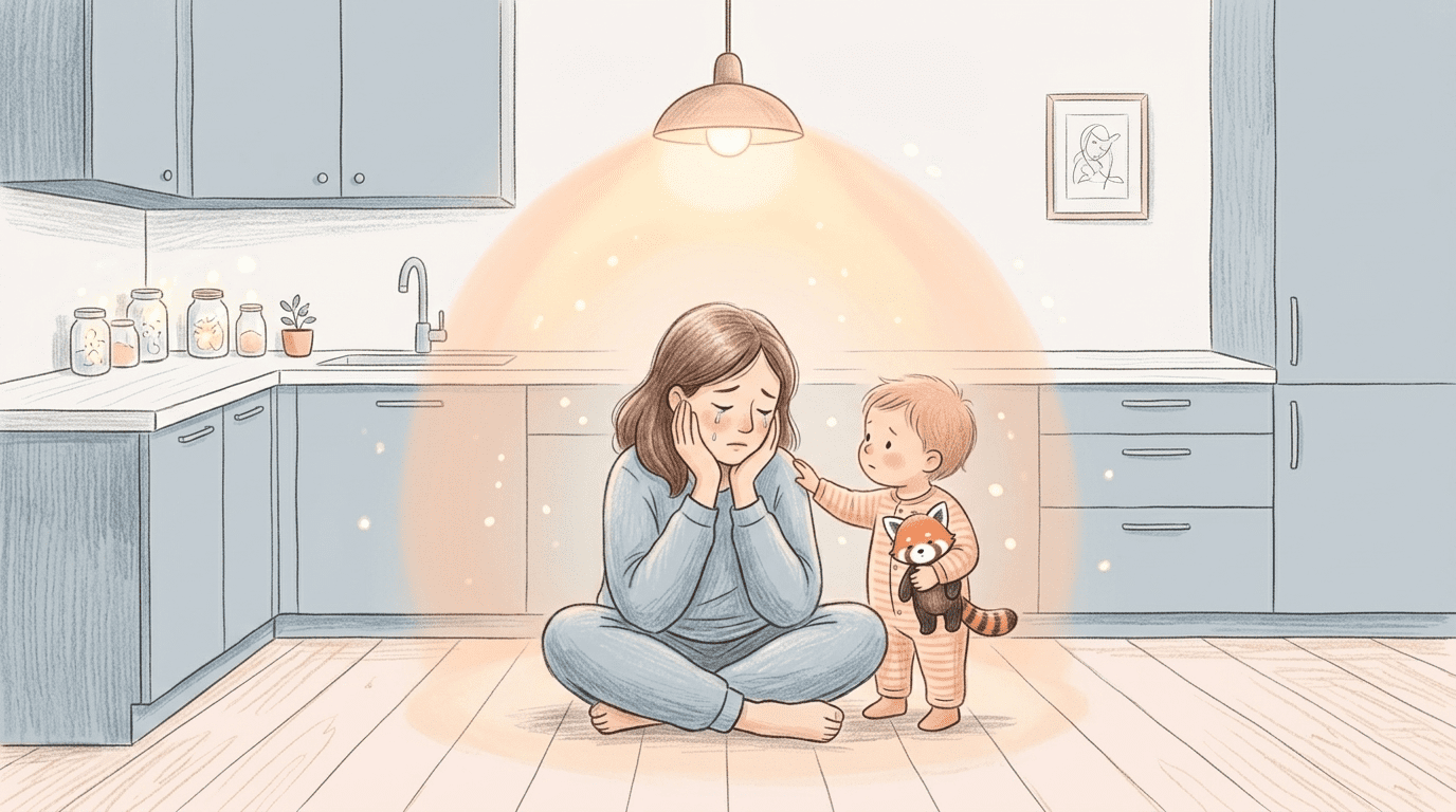 Parent assis par terre après avoir crié sur son enfant, moment de culpabilité et de réparation émotionnelle