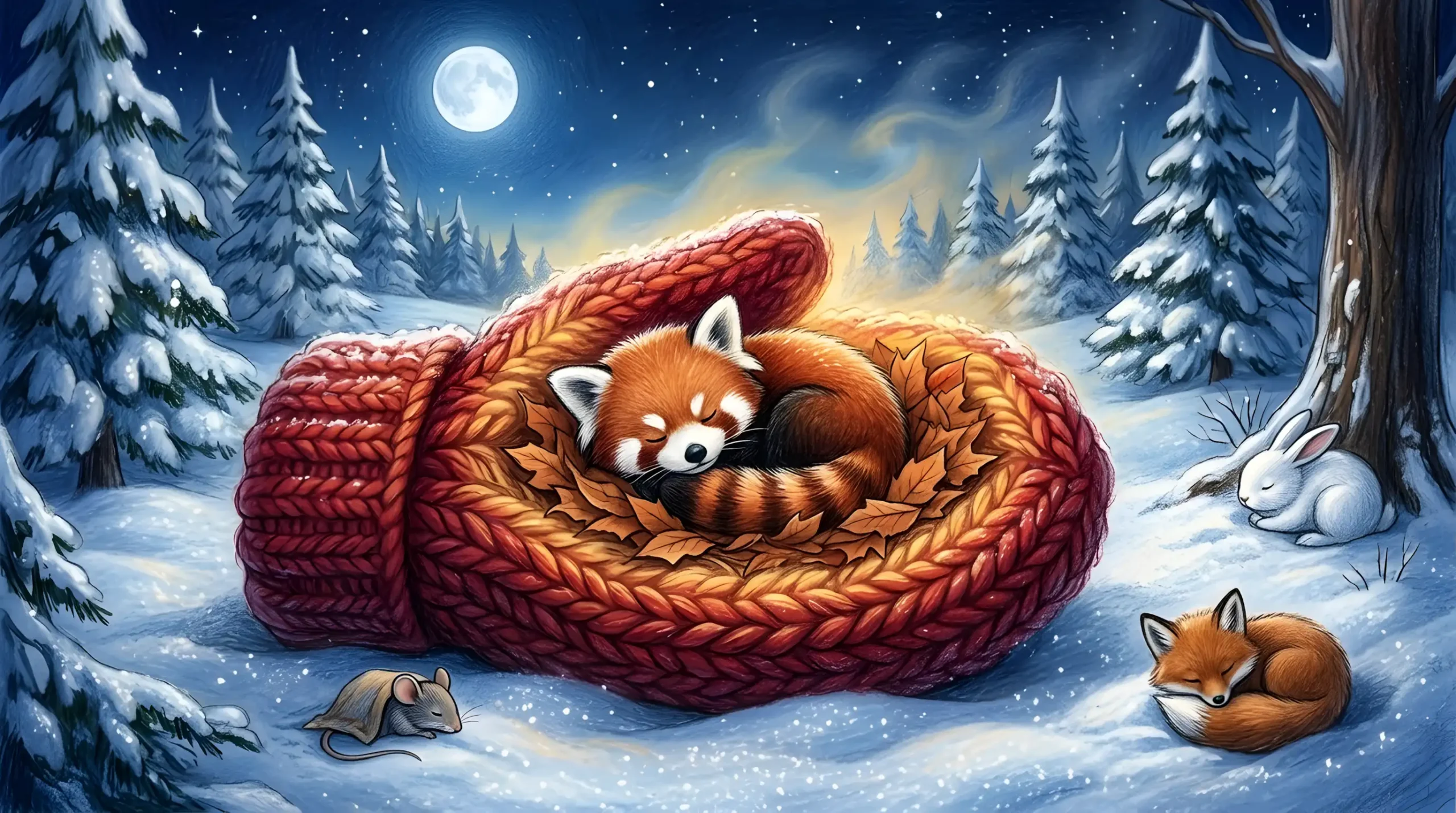 Pango le petit panda roux endormi blotti dans une grande moufle rouge sous les étoiles d'hiver