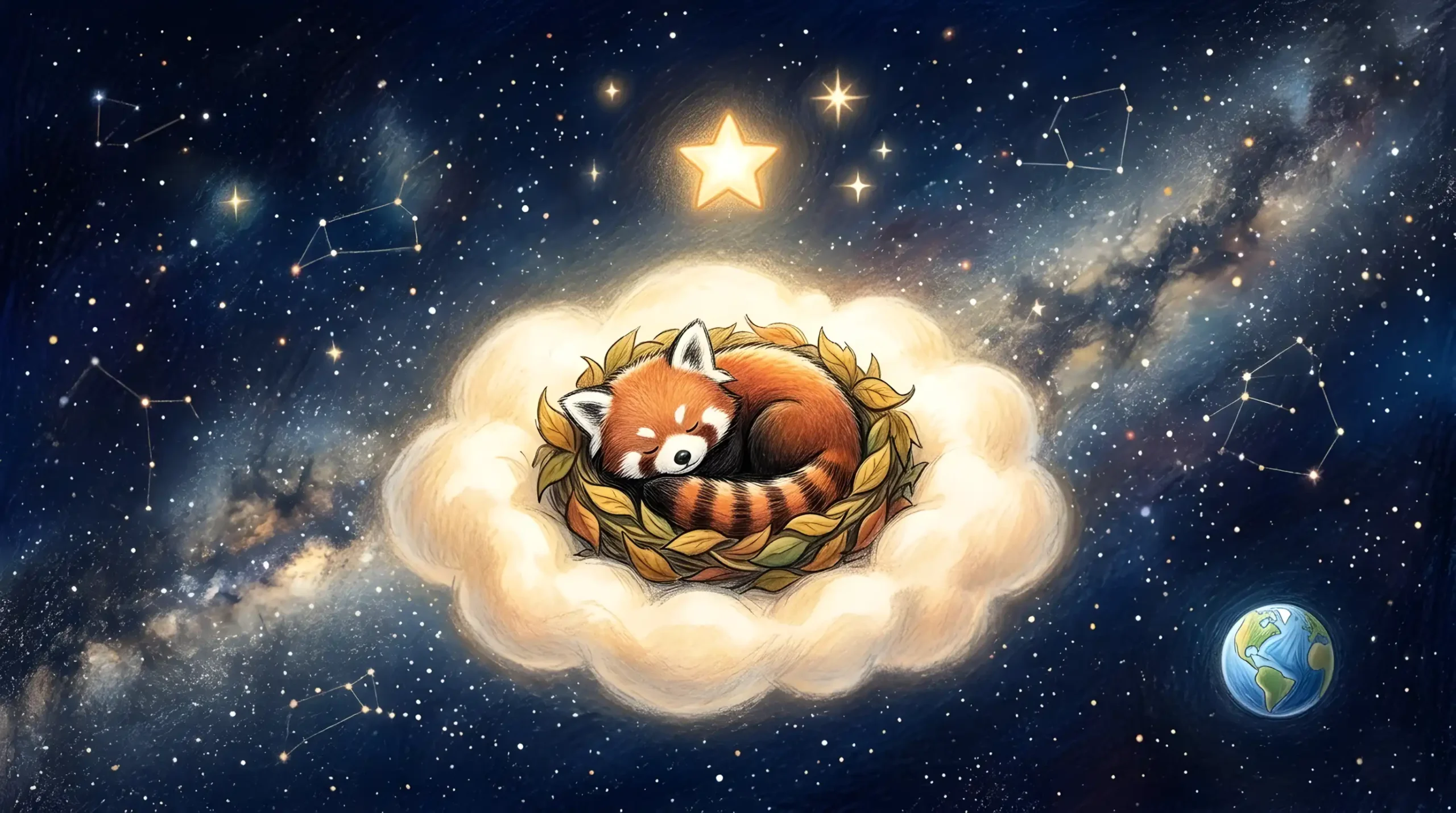 Pango et la petite étoile Pango le petit panda roux endormi sur un nuage lumineux au milieu du ciel étoilé