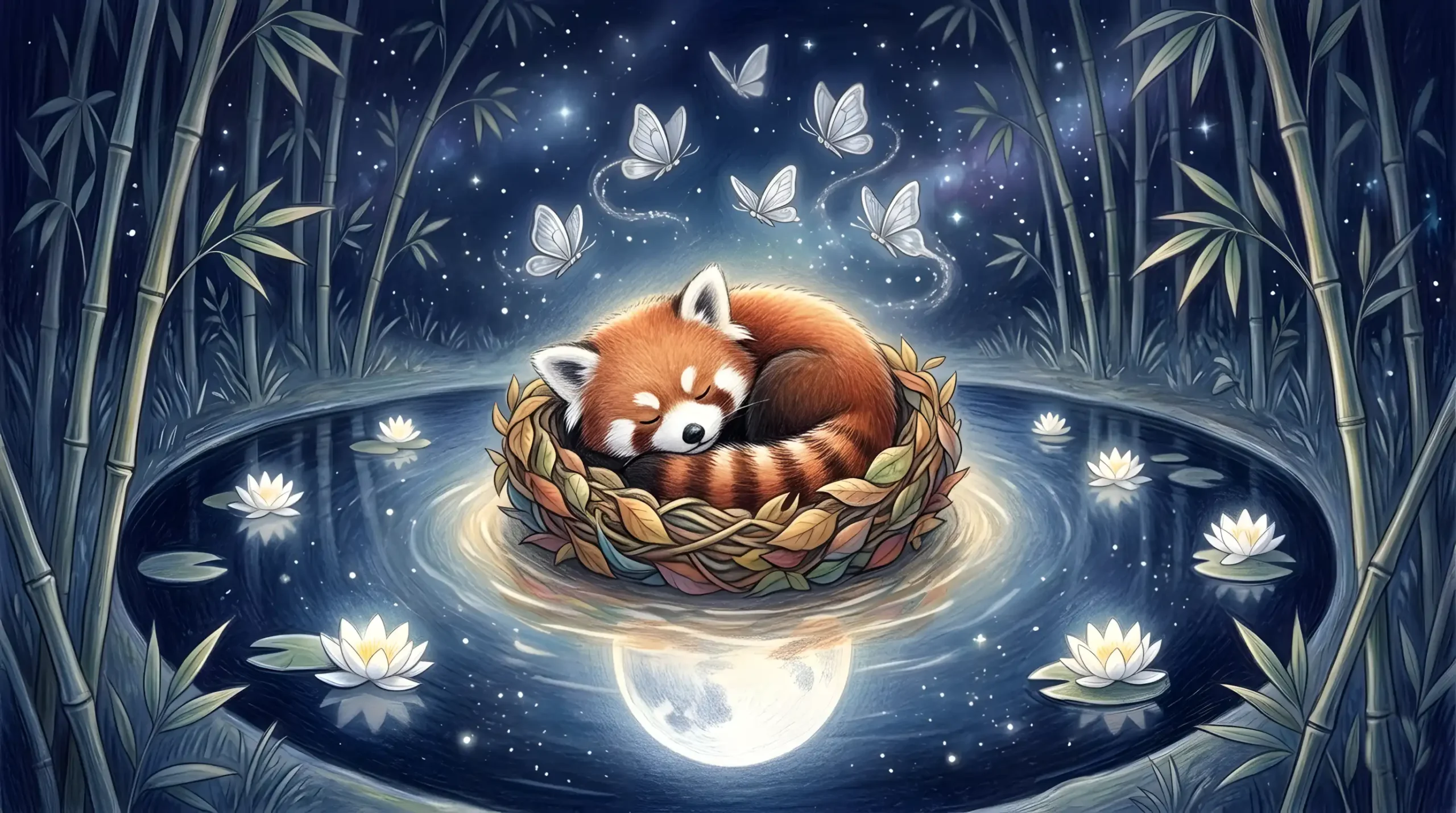 Pango le petit panda roux endormi au bord du lac miroir sous la pleine lune et les papillons d'argent