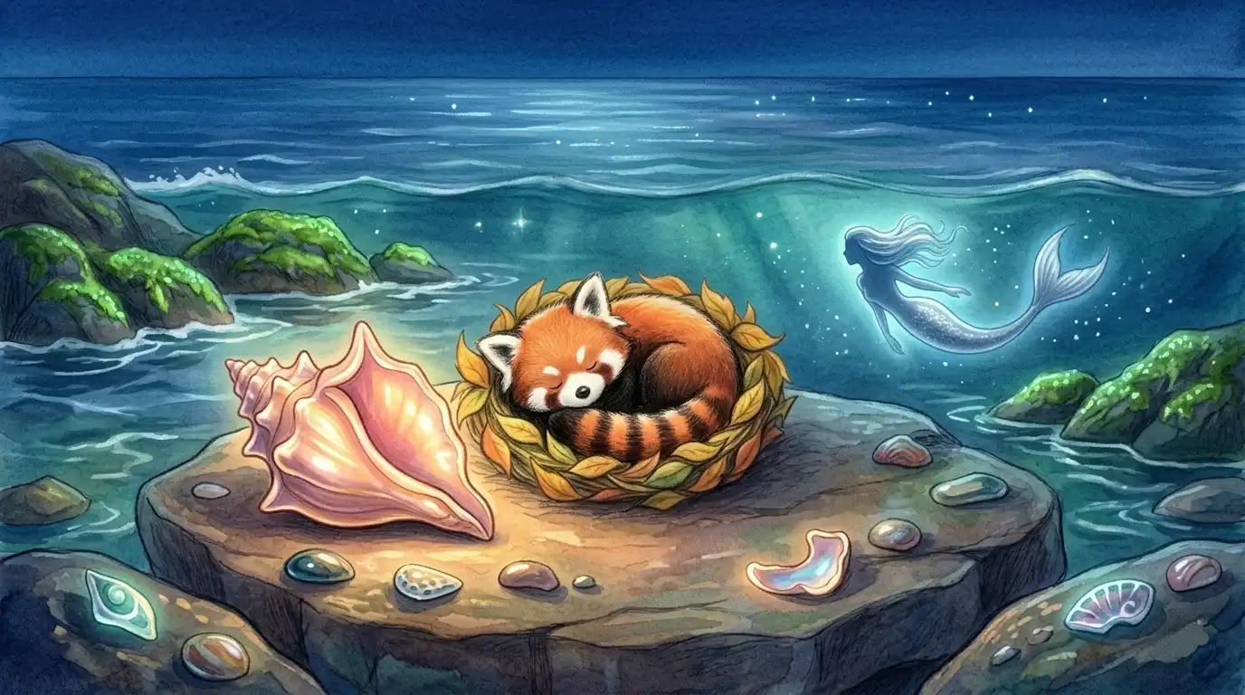 Pango le petit panda roux endormi sur un rocher au bord de l'océan nocturne avec un coquillage nacré