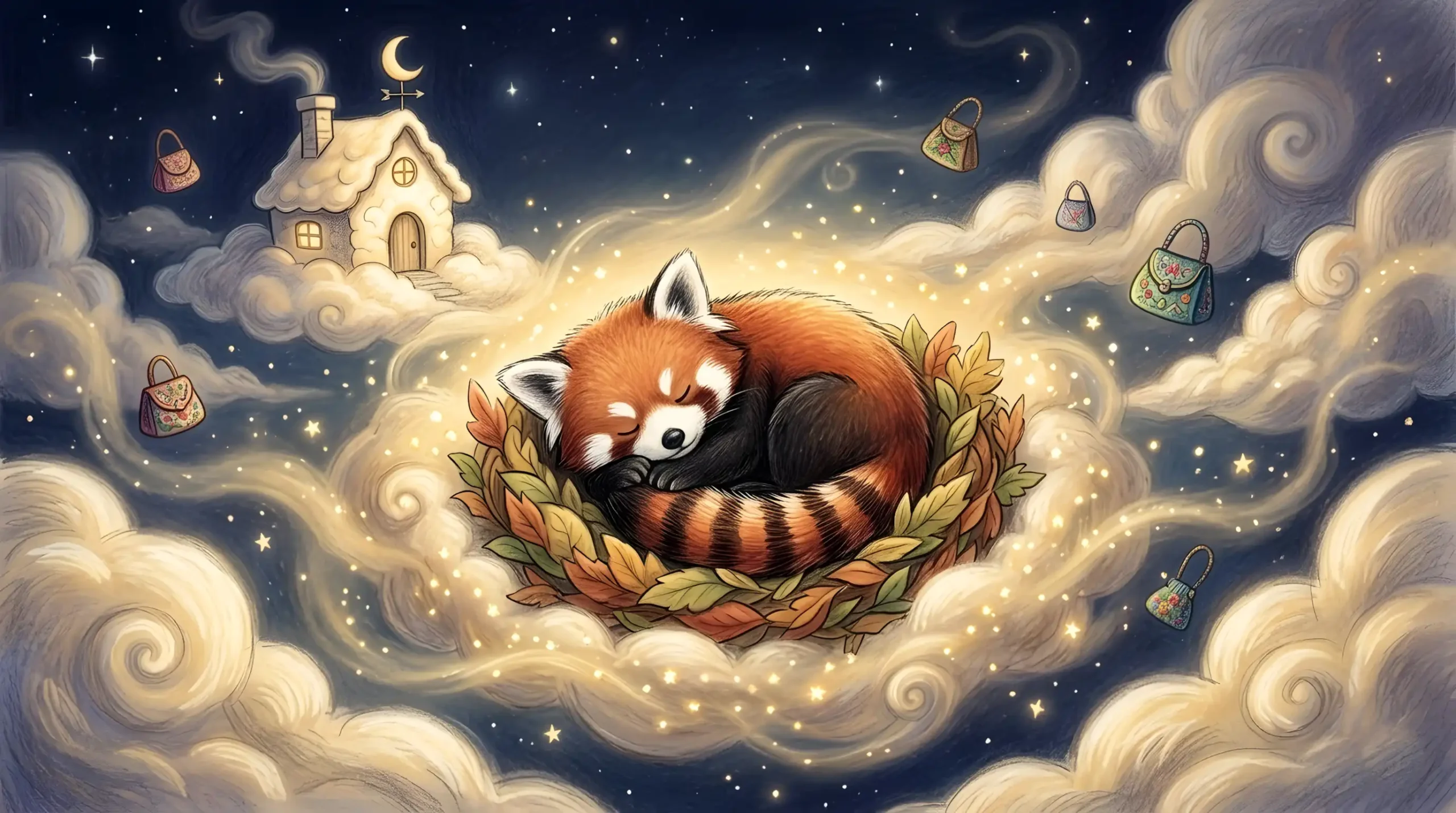 Pango le petit panda roux endormi sur un nuage doré dans le Royaume des Rêves