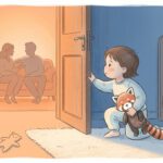 Enfant qui se releve de son lit et sort de sa chambre la nuit, cherchant la sécurité de ses parents assis au salon - attachement au coucher