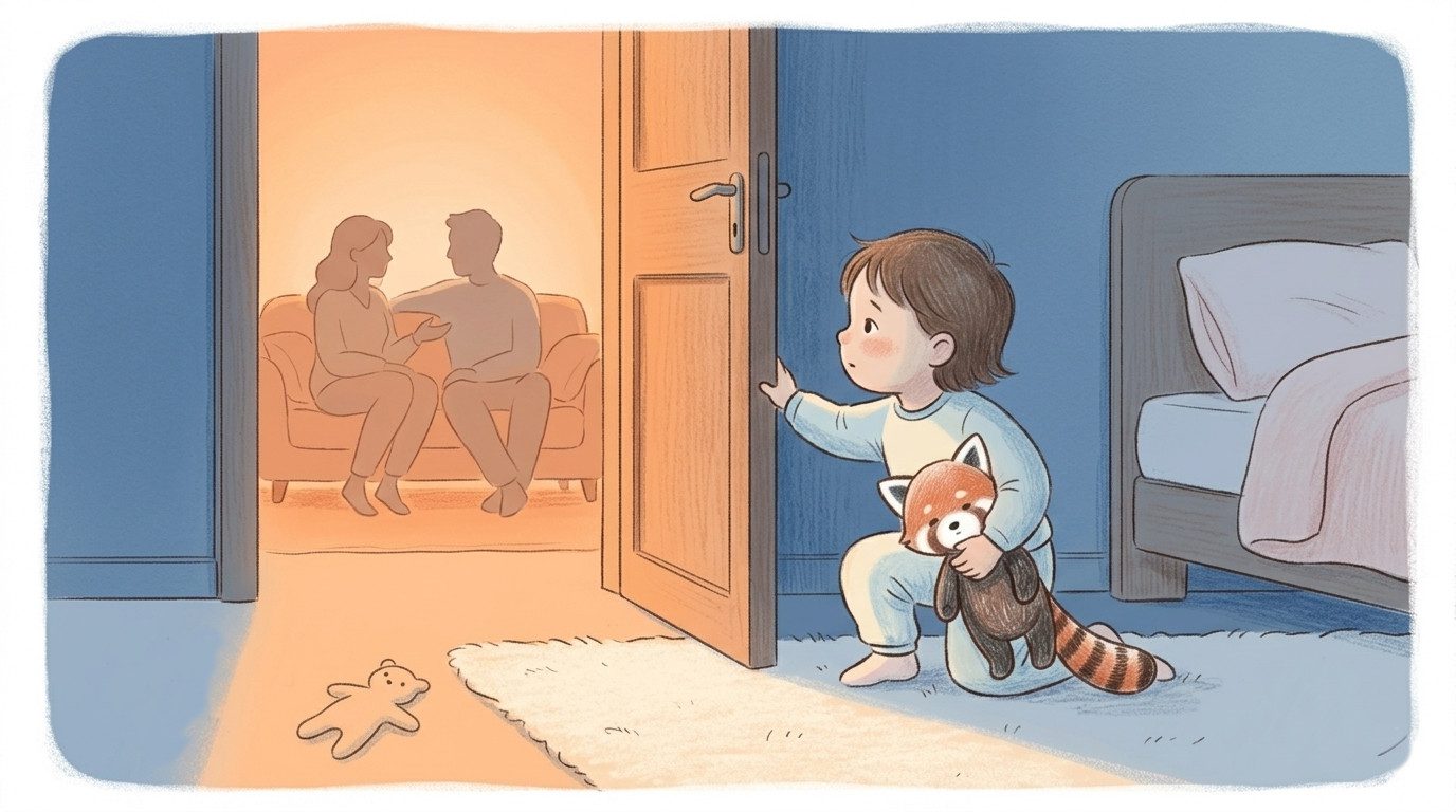 Enfant qui se releve de son lit et sort de sa chambre la nuit, cherchant la sécurité de ses parents assis au salon - attachement au coucher