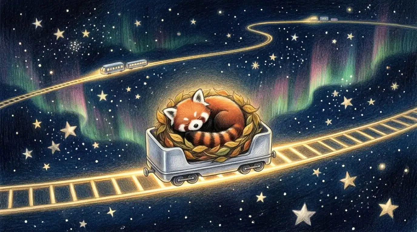 Pango le petit panda roux endormi dans une voiture de lumière suspendue entre les étoiles