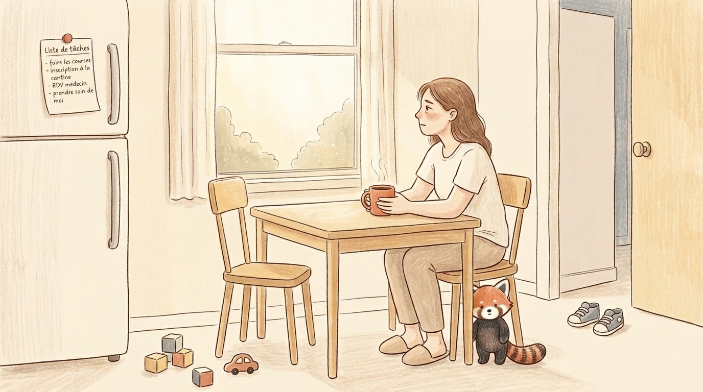 Parent épuisé qui prend une pause seul avec une tasse chaude, moment de douceur et de respiration au milieu du quotidien parental
