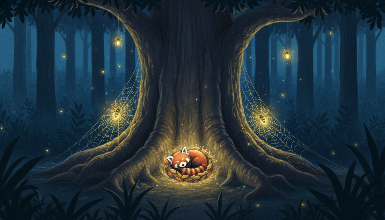 Pango le petit panda roux endormi au pied d'un baobab dans une forêt tropicale nocturne, entouré d'une toile lumineuse de lucioles