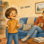 Enfant qui fait le geste Six-Seven les mains levées, parent amusé en arrière-plan dans un salon chaleureux