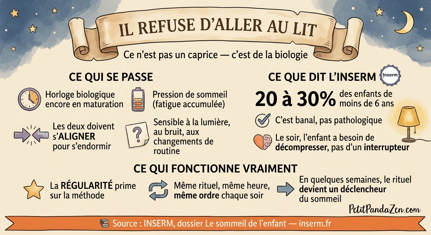 Infographie Petit Panda Zen : pourquoi l'enfant refuse d'aller au lit