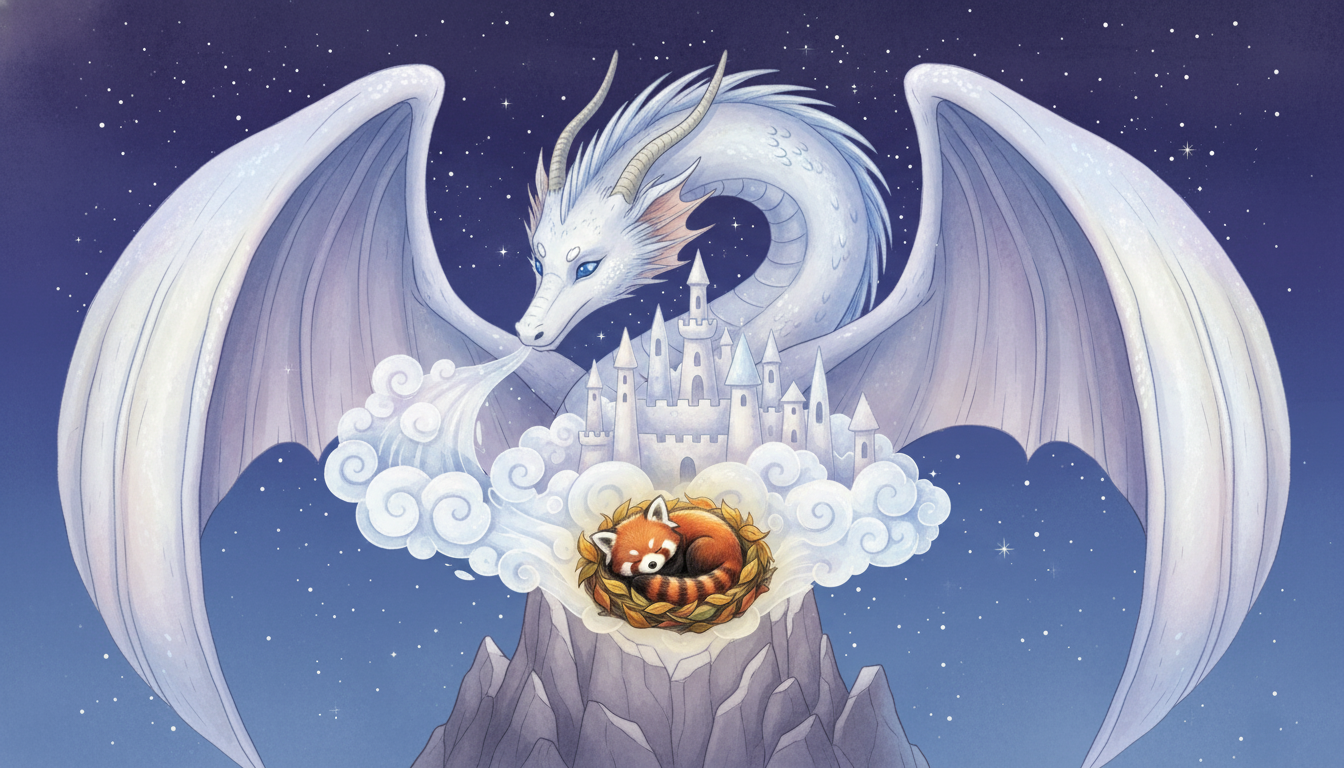 Illustration : Pango et Brume, la Nuit où les Nuages Dansaient, conte relaxant Pango pour enfants 4 à 10 ans