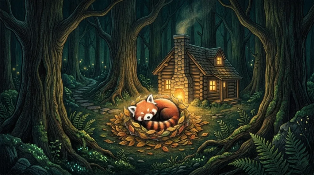 Pango le petit panda roux endormi devant la maison des trois ours dans une forêt nocturne