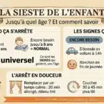 Infographie sieste enfant : jusqu'à quel âge, les signes qui guident et l'arrêt en douceur — source INSERM