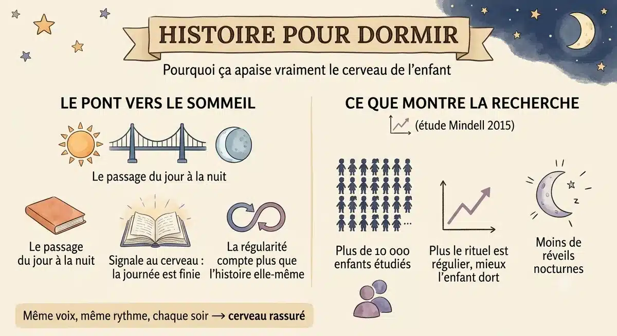 Enfant écoutant une histoire pour dormir le soir avec Pango, ambiance douce et apaisante