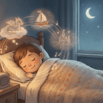 Illustration d'un enfant endormi et souriant dans son lit, une boîte à histoires posée sur la table de nuit diffusant des ondes sonores et des notes de musique, avec un dragon, un bateau et un château qui flottent en rêve au-dessus de lui, chambre tamisée éclairée par une lampe de chevet et un croissant de lune à la fenêtre