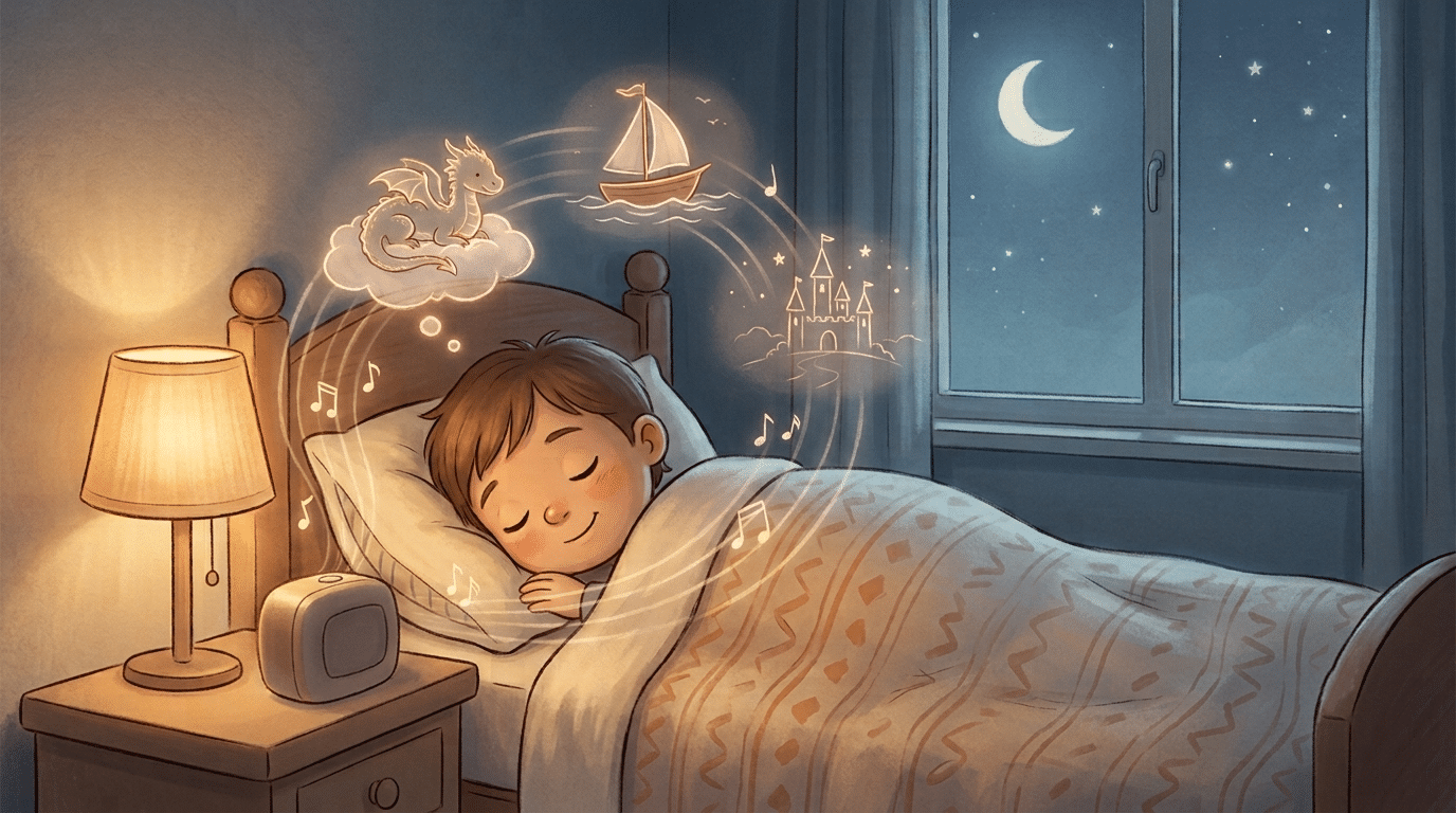 Illustration d'un enfant endormi et souriant dans son lit, une boîte à histoires posée sur la table de nuit diffusant des ondes sonores et des notes de musique, avec un dragon, un bateau et un château qui flottent en rêve au-dessus de lui, chambre tamisée éclairée par une lampe de chevet et un croissant de lune à la fenêtre