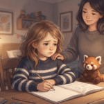 Enfant qui fait ses devoirs le soir avec un parent présent, peluche panda roux à côté