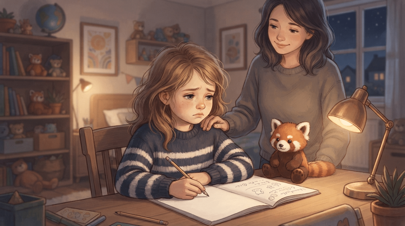 Enfant qui fait ses devoirs le soir avec un parent présent, peluche panda roux à côté