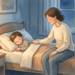Parent assis au bord du lit de son enfant agité, lampe de chevet tamisée le soir