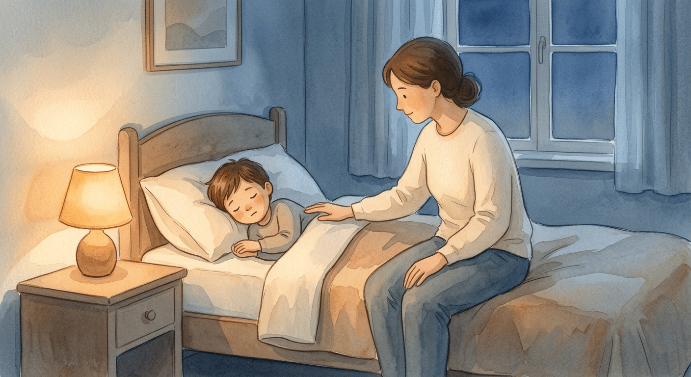 Parent assis au bord du lit de son enfant agité, lampe de chevet tamisée le soir