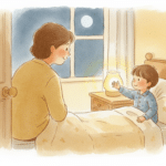 Parent dans l'encadrement de la porte, enfant qui rappelle depuis son lit, illustration douce