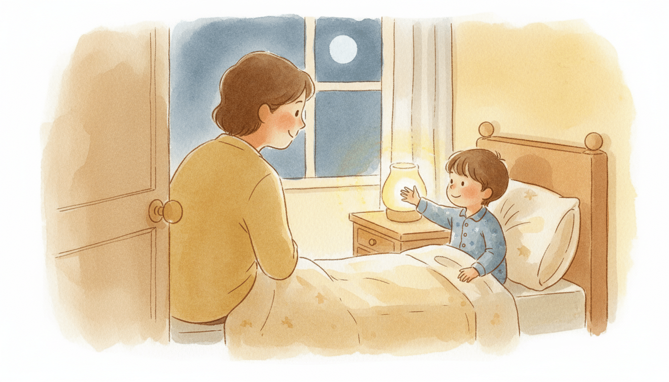 Parent dans l'encadrement de la porte, enfant qui rappelle depuis son lit, illustration douce