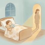 Enfant endormi paisiblement la nuit, parent veillant depuis la porte, illustration douce