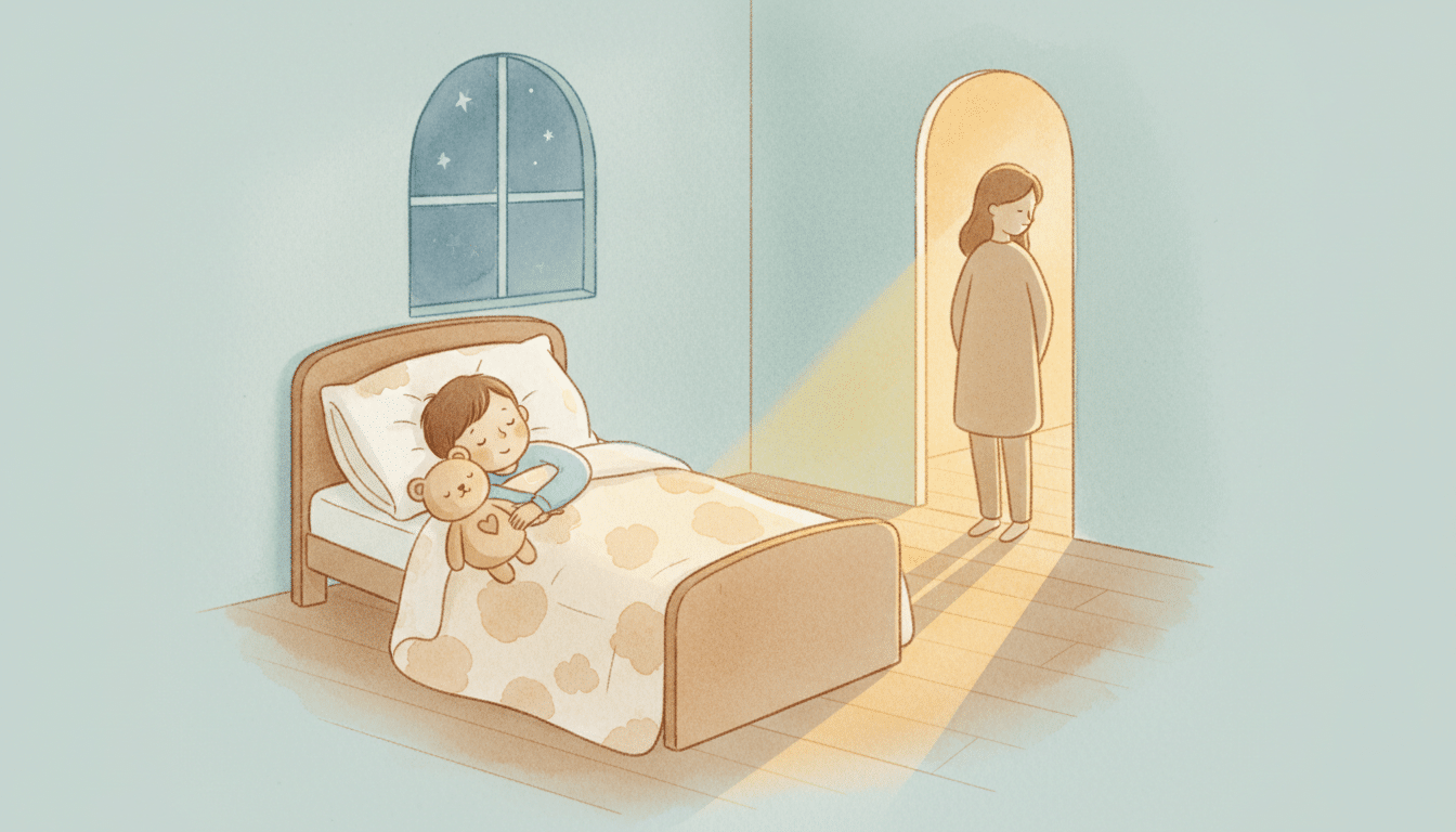 Enfant endormi paisiblement la nuit, parent veillant depuis la porte, illustration douce