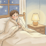 Enfant réveillé la nuit dans son lit, illustration douce sur le TDAH et le sommeil