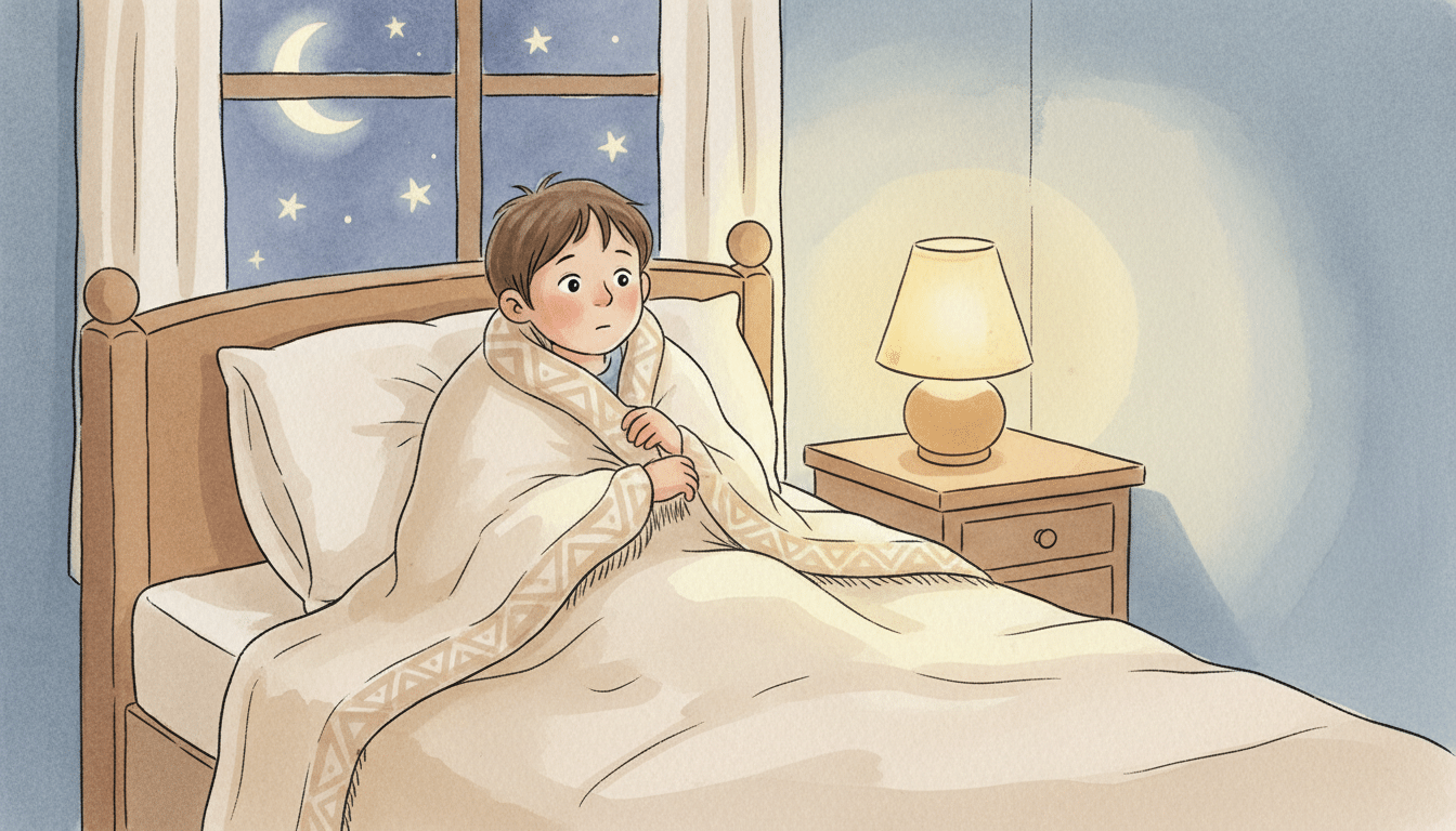 Enfant réveillé la nuit dans son lit, illustration douce sur le TDAH et le sommeil