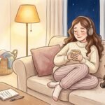 Maman qui prend un moment pour elle le soir sur le canapé, casque sur les oreilles, doudou panda roux à côté