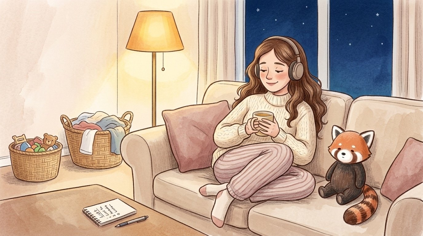 Maman qui prend un moment pour elle le soir sur le canapé, casque sur les oreilles, doudou panda roux à côté