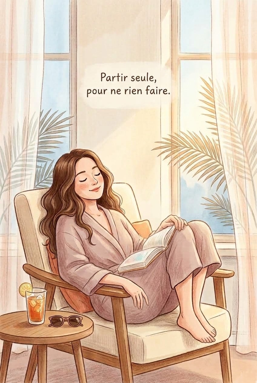 Partir seule, pour ne rien faire — femme détendue lors d'un week-end à l'hôtel