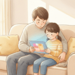 Parent et enfant regardant ensemble une tablette, lueur colorée, illustration douce