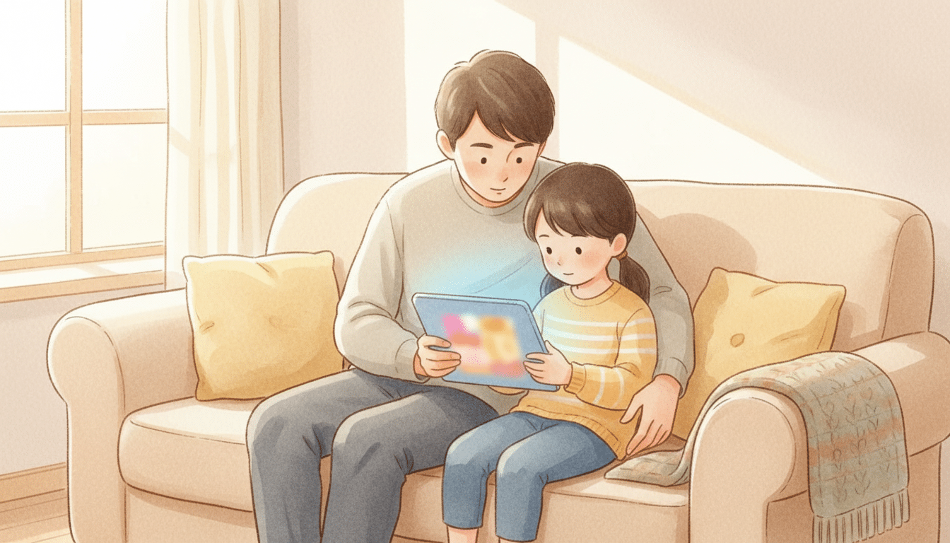 Parent et enfant regardant ensemble une tablette, lueur colorée, illustration douce
