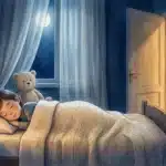 Chambre d'enfant la nuit, enceinte Bluetooth qui diffuse une histoire, téléphone resté hors de la chambre dans le couloir