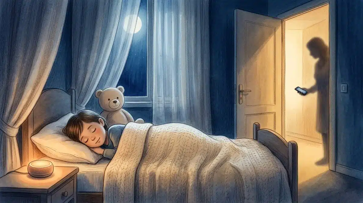 Chambre d'enfant la nuit, enceinte Bluetooth qui diffuse une histoire, téléphone resté hors de la chambre dans le couloir